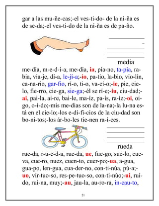 gar a las mu-ñe-cas;-el ves-ti-do- de la ni-ña es
de se-da;-el ves-ti-do de la ni-ña es de pa-ño.
_________________
_
__________________
__________________
__________________
media
me-dia, m-e-d-i-a, me-dia, ia, pia-no, ta-pia, ra-
bia, via-je, dí-a, le-jí-a;-io, pa-tio, la-bio, vio-lín,
ca-na-rio, gar-fio, rí-o, ti-o, va-cí-o;-ie, pie, cie-
lo, fie-rro, cie-ga, sie-ga;-él se rí-e;-iu, ciu-dad;-
ai, pai-la, ai-re, bai-le, ma-íz, pa-ís, ra-íz;-oi, oi-
go, o-í-do;-mis me-dias son de la-na;-la lu-na es-
tá en el cie-lo;-los e-di-fi-cios de la ciu-dad son
bo-ni-tos;-los ár-bo-les tie-nen ra-í-ces.
__________________
__________________
__________________
__________________
rueda
rue-da, r-u-e-d-a, rue-da, ue, fue-go, sue-lo, cue-
va, cue-ro, nuez, cuen-to, cuer-po;-ua, a-gua,
gua-po, len-gua, cua-der-no, con-ti-núa, pú-a;-
uo, vir-tuo-so, res-pe-tuo-so, con-ti-núo;-ui, rui-
do, rui-na, muy;-au, jau-la, au-ro-ra, in-cau-to,
21
 
