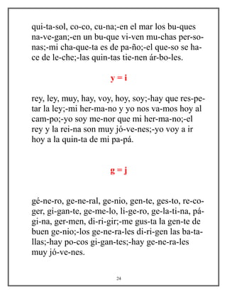 qui-ta-sol, co-co, cu-na;-en el mar los bu-ques
na-ve-gan;-en un bu-que vi-ven mu-chas per-so-
nas;-mi cha-que-ta es de pa-ño;-el que-so se ha-
ce de le-che;-las quin-tas tie-nen ár-bo-les.
y = i
rey, ley, muy, hay, voy, hoy, soy;-hay que res-pe-
tar la ley;-mi her-ma-no y yo nos va-mos hoy al
cam-po;-yo soy me-nor que mi her-ma-no;-el
rey y la rei-na son muy jó-ve-nes;-yo voy a ir
hoy a la quin-ta de mi pa-pá.
g = j
gé-ne-ro, ge-ne-ral, ge-nio, gen-te, ges-to, re-co-
ger, gi-gan-te, ge-me-lo, li-ge-ro, ge-la-ti-na, pá-
gi-na, ger-men, di-ri-gir;-me gus-ta la gen-te de
buen ge-nio;-los ge-ne-ra-les di-ri-gen las ba-ta-
llas;-hay po-cos gi-gan-tes;-hay ge-ne-ra-les
muy jó-ve-nes.
24
 