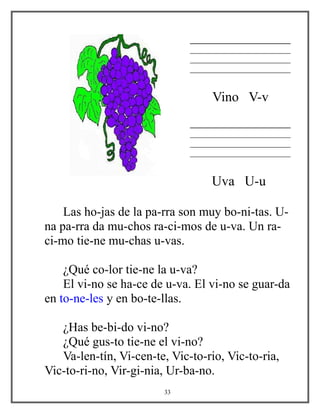________________
________________________
________________________
________________________
Vino V-v
________________
________________________
________________________
________________________
Uva U-u
Las ho-jas de la pa-rra son muy bo-ni-tas. U-
na pa-rra da mu-chos ra-ci-mos de u-va. Un ra-
ci-mo tie-ne mu-chas u-vas.
¿Qué co-lor tie-ne la u-va?
El vi-no se ha-ce de u-va. El vi-no se guar-da
en to-ne-les y en bo-te-llas.
¿Has be-bi-do vi-no?
¿Qué gus-to tie-ne el vi-no?
Va-len-tín, Vi-cen-te, Vic-to-rio, Vic-to-ria,
Vic-to-ri-no, Vir-gi-nia, Ur-ba-no.
33
 