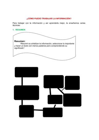 ¿CÓMO PUEDO TRABAJAR LA INFORMACIÓN?
Para trabajar con la información y así aprenderla mejor, te enseñamos varias
técnicas:
1. RESUMEN
Resumen:
“Resumir es sintetizar la información, seleccionar lo importante
y hacer un texto con menos palabras pero comprendiendo su
significado”.
 