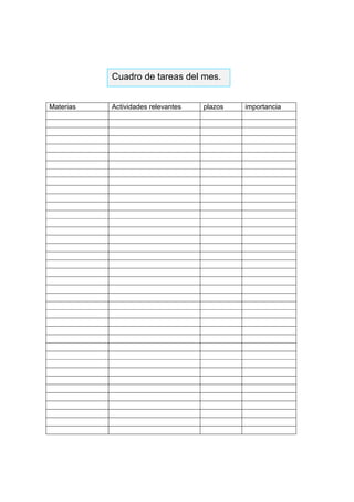 Materias Actividades relevantes plazos importancia
Cuadro de tareas del mes.
 