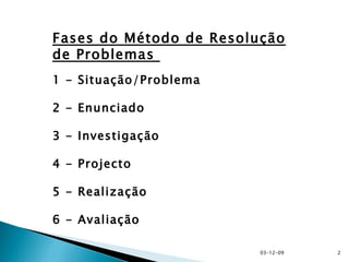 Fases do Método de Resolução de Problemas  1 - Situação/Problema 2 - Enunciado 3 - Investigação 4 - Projecto 5 - Realização 6 - Avaliação 07-06-09 