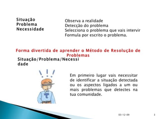 Situação Problema Necessidade Observa a realidade    Detecção do problema    Selecciona o problema que vais intervir    Formula por escrito o problema.  Situação/Problema/Necessidade Em primeiro lugar vais necessitar de identificar a situação detectada ou os aspectos ligados a um ou mais problemas que detectes na tua comunidade. Forma divertida de aprender o Método de Resolução de Problemas 07-06-09 