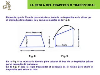 Base legalLA REGLA DEL TRAPECIO O TRAPEZOIDAL
Recuerde, que la fórmula para calcular el área de un trapezoide es la altura por
el promedio de las bases, tal y como se muestra en la Fig. 8.
En la Fig. 8 se muestra la fórmula para calcular el área de un trapezoide (altura
por el promedio de las bases).
En la Fig. 9 para la regla trapezoidal el concepto es el mismo pero ahora el
trapezoide está sobre su lado
Fig. 8 Fig. 9
 
