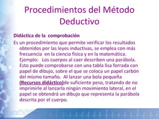 Procedimientos del Método
Deductivo
Didáctica de la comprobación
Es un procedimiento que permite verificar los resultados
obtenidos por las leyes inductivas, se emplea con más
frecuencia en la ciencia física y en la matemática.
Ejemplo: Los cuerpos al caer describen una parábola.
Esto puede comprobarse con una tabla lisa forrada con
papel de dibujo, sobre el que se coloca un papel carbón
del mismo tamaño. Al lanzar una bola pequeña
(Recursos didáctico)de suficiente peso, tratando de no
imprimirle al lanzarla ningún movimiento lateral, en el
papel se obtendrá un dibujo que representa la parábola
descrita por el cuerpo.
 