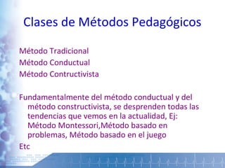 Clases de Métodos Pedagógicos
Método Tradicional
Método Conductual
Método Contructivista
Fundamentalmente del método conductual y del
método constructivista, se desprenden todas las
tendencias que vemos en la actualidad, Ej:
Método Montessori,Método basado en
problemas, Método basado en el juego
Etc
 
