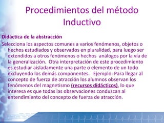 Procedimientos del método
Inductivo
Didáctica de la abstracción
Selecciona los aspectos comunes a varios fenómenos, objetos o
hechos estudiados y observados en pluralidad, para luego ser
extendidos a otros fenómenos o hechos análogos por la vía de
la generalización. Otra interpretación de este procedimiento
es estudiar aisladamente una parte o elemento de un todo
excluyendo los demás componentes. Ejemplo: Para llegar al
concepto de fuerza de atracción los alumnos observan los
fenómenos del magnetismo (recursos didácticos), lo que
interesa es que todas las observaciones conduzcan al
entendimiento del concepto de fuerza de atracción.
 