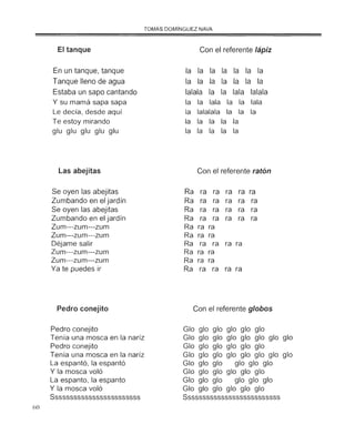 ()0
TOMÁS DOMÍNGUEZ NAVA
El tanque
En un tanque, tanque
Tanque lleno de agua
Estaba un sapo cantando
Y su mamá sapa sapa
Le decía, desde aquí
Te estoy mirando
glu glu glu glu glu
Las abejitas
Se oyen las abejitas
Zumbando en el jardín
Se oyen las abejitas
Zumbando en el jardín
Zum---zum---zum
Zum---zum---zum
Déjame salir
Zum---zum---zum
Zum---zum---zum
Ya te puedes ir
Pedro conejito
Pedro conejito
Tenía una mosca en la naríz
Pedro conejito
Tenía una mosca en la naríz
La espantó, la espantó
Y la mosca voló
La espanto, la espanto
Y la mosca voló
Ssssssssssssssssssssssss
Con el referente lápiz
la la la la la la la
la la la la la la la
lalala la la lala lalala
la la lala la la lala
la lalalala la la la
la la la la la
la la la la la
Con el referente ratón
Ra ra ra ra ra ra
Ra ra ra ra ra ra
Ra ra ra ra ra ra
Ra ra ra ra ra ra
Ra ra ra
Ra ra ra
Ra ra ra ra ra
Ra ra ra
Ra ra ra
Ra ra ra ra ra
Con el referente globos
()lo glo glo glo glo glo
()lo glo glo glo glo glo glo glo
()lo glo glo glo glo glo
C31o glo glo glo glo glo glo glo
()lo glo glo glo glo glo
C31o glo glo glo glo glo
()lo glo glo glo glo glo
()lo glo glo glo glo glo
Ssssssssssssssssssssssssss
 