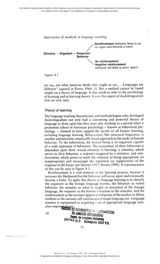 Este material es proporcionado al alumno con fines educativos, para la crítica y la investigación respetando la reglamentación en materia de derechos de autor. 
Este ejemplar no tiene costo alguno. El uso indebido de este ejemplar es responsabilidad del alumno. 
Approaches & methods in language teaching 
/ Reinforcement (behavior likely to oc- cui agan and becorne a habit) 
/ 
Stimulus - Organism - Response 
Behavior 
 No reinforcementi 
Negative reinforcement 
(behavior not likely to occur again) 
ers say, not what someone thinks they ought to say.. . . Languages are 
different" (quoted in Rivers 1964: 5). But a metliod cannot be based 
simply on a theory of language. It also needs to refer to the psychology 
of learning and to learning theory. It is to this aspect of Audiolingualism 
that we now turn. 
Theory of learning 
The language teaching theoreticians and methodologists who developed 
Audiolingualism not only had a convincing and powerful theory of 
language to draw upon but they were also working in a period when a 
prominent school of American psychology - known as behavioral psy-choloev 
- claimed to have tapped the secrets of al1 human learning, "Z . . - 
including language learning. Behaviorisiri, like structural linguistics, is 
another antimentalist.. emp. iricallv biised ap. p. roach to the study of human 
behavior. To the behaviorist, the Iiuiiinn heing is an organism capable 
of a wide repertoire of behaviors. The occurrence of these behaviors is 
dependent upon three crucial elenieiits in learning: a stimulus, which 
serves to elicit behavior; a response rriggered by a stimuliis; and rein-forcement, 
which serves to mark tlie response as being appropriate (or 
inappropriate) and encourages the repetition (or suppression) of the 
response in the future (see Skinner 1957; Brown 1980). A representation 
of this can be seen in Figure 4.1. 
Reinforcement 1s a vital elemeiit tn rlie learning process, because it 
increases the likelihood that the beiicivior will occur again and eventually 
become a habit. To apply this theor? ro language learning is to identify 
the organism as the foreign language leiirner, the behavior as verbal 
behavior, the stimulus as what is rniight or presented of the foreign 
language, the response as the leariier'~r eaction to the stimulus, and the 
reinforcement as the extrinsic approval iind praise of the teacher or fellow 
students or the intrinsic self-satisfactioii ot target language use. Language 
mastery is represented as acquiring 3 ser of appropriate language stim- 
Richards, J.C. y T.S. Rodgers (1987). The Audiolingual Method. 
En Approaches and Methods in language teaching (pp. 44-63). Reino Unido: Cambridge University Press. 
 