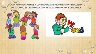 • CADA ALUMNO APRENDE Y COMPRENDE A SU PROPIO RITMO Y EN CONJUNTO 
CON EL GRUPO SE DESARROLLA UNA RETROALIMENTACIÓN Y UN AVANCE 
GRUPAL. 
 
