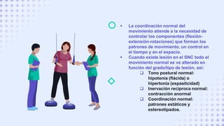  La coordinación normal del
movimiento atiende a la necesidad de
controlar los componentes (flexión-
extensión-rotaciones) que forman los
patrones de movimiento, un control en
el tiempo y en el espacio.
 Cuando existe lesión en el SNC todo el
movimiento normal se ve alterado en
función del grado/tipo de lesión, así:
 Tono postural normal:
hipotonía (flácida) o
hipertonía (espasticidad)
 Inervación reciproca normal:
contracción anormal
 Coordinación normal:
patrones estáticos y
estereotipados.
 