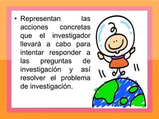 • Representan las
acciones concretas
que el investigador
llevará a cabo para
intentar responder a
las preguntas de
investigación y así
resolver el problema
de investigación.
 