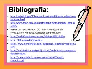 • http://metodologia02.blogspot.mx/p/justificacion-objetivos-
y-bases.html
• http://www.rena.edu.ve/cuartaEtapa/metodologia/Tema17
c.html
• Perroni, M. y Guzmán, A. (2011) Metodologia d ela
investigacion. Veracruz. Coleccion saber creativo
• http://es.thefreedictionary.com/bibliograf%C3%ADa
• http://definicion.de/hipotesis/
• http://www.monografias.com/trabajos15/hipotesis/hipotesis.s
html
• http://es.slideshare.net/profrjuanruiz/explicacion-cronograma-
de-actividades
• http://www.aulafacil.com/cursosenviados/Metodo-
Cientifico.pdf
Bibliografía:
 