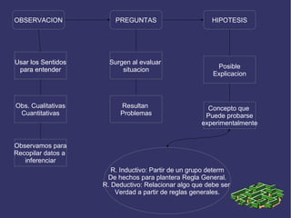OBSERVACION             PREGUNTAS                       HIPOTESIS




Usar los Sentidos     Surgen al evaluar
 para entender            situacion                      Posible
                                                        Explicacion



Obs. Cualitativas        Resultan                     Concepto que
 Cuantitativas           Problemas                   Puede probarse
                                                    experimentalmente


Observamos para
Recopilar datos a
   inferenciar
                       R. Inductivo: Partir de un grupo determ
                     De hechos para plantera Regla General.
                    R. Deductivo: Relacionar algo que debe ser
                        Verdad a partir de reglas generales.
 