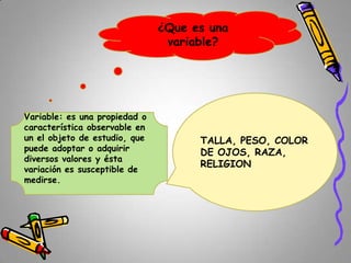 ¿Que es una
variable?

Variable: es una propiedad o
característica observable en
un el objeto de estudio, que
puede adoptar o adquirir
diversos valores y ésta
variación es susceptible de
medirse.

TALLA, PESO, COLOR
DE OJOS, RAZA,
RELIGION

 