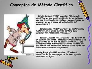 Conceptos de Método Científico
•

Eli de Gortari (1980) escribe: "El método
científico es una abstracción de las actividades
que los investigadores realizan, concentrando su
atención en el proceso de adquisición del
conocimiento".

•

Konstantinov (1980) afirma: "El materialismo
histórico es el único método certero para
estudiar los fenómenos sociales...".

•

Severo Iglesias (1976) señala: "El método es
un camino, un orden, conectado directamente a la
objetividad de lo que se desea estudiar.... Las
demostraciones metodológicas llevan siempre de
por medio una afirmación relativa a las leyes del
conocimiento humano en general..."

•

Mario Bunge (ll1969) escribe: "El método
científico es la estrategia de la investigación
para buscar leyes..."

 