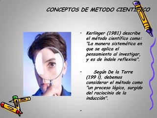 CONCEPTOS DE METODO CIENTIFICO

• Kerlinger (1981) describe

el método científico como:
"La manera sistemática en
que se aplica el
pensamiento al investigar,
y es de índole reflexiva".

•

•

Según De la Torre
(199 l), debemos
considerar el método como
"un proceso lógico, surgido
del raciocinio de la
inducción".

 