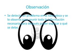 Observación
• Se detecta un problema en la naturaleza y se
lo observa para reunir toda la información
necesaria para después poder explicar a qué
se debe.
 