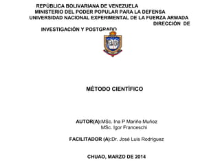 REPÚBLICA BOLIVARIANA DE VENEZUELA
MINISTERIO DEL PODER POPULAR PARA LA DEFENSA
UNIVERSIDAD NACIONAL EXPERIMENTAL DE LA FUERZA ARMADA
DIRECCIÓN DE
INVESTIGACIÓN Y POSTGRADO
AUTOR(A):MSc. Ina P Mariño Muñoz
MSc. Igor Franceschi
FACILITADOR (A):Dr. José Luis Rodríguez
CHUAO, MARZO DE 2014
MÈTODO CIENTÌFICO
 