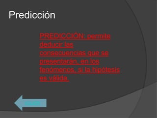 Predicción
VOLVER
PREDICCIÓN: permite
deducir las
consecuencias que se
presentarán, en los
fenómenos, si la hipótesis
es válida.
 