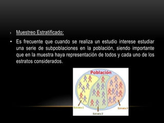 › Muestreo Estratificado:
• Es frecuente que cuando se realiza un estudio interese estudiar
una serie de subpoblaciones en la población, siendo importante
que en la muestra haya representación de todos y cada uno de los
estratos considerados.
 