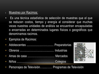 › Muestreo por Racimos:
• Es una técnica estadística de selección de muestras que el que
se reducen costos, tiempo y energía al considerar que muchas
veces nuestras unidades de análisis se encuentran encapsuladas
o encerradas en determinados lugares físicos o geográficos que
denominamos racimos.
• Ejemplos de Racimos:
• Adolescentes .................................. Preparatorias
• Obreros ........................................... Industrias
• Amas de casa .................................. Mercados
• Niños ............................................... Colegios
• Personajes de Televisión….....…… Programas de Televisión
 