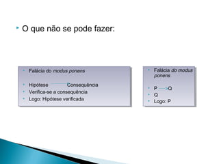  O que não se pode fazer:
 Falácia do modus ponens
 Hipótese Consequência
 Verifica-se a consequência
 Logo: Hipótese verificada
 Falácia do modus ponens
 Hipótese Consequência
 Verifica-se a consequência
 Logo: Hipótese verificada
 Falácia do modus
ponens
 P Q
 Q
 Logo: P
 Falácia do modus
ponens
 P Q
 Q
 Logo: P
 