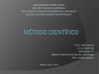 UNIVERSIDAD FERMÍN TORO
VICE RECTORADO ACADÉMICO
FACULTAD DE CIENCIAS ECONÓMICAS Y SOCIALES
ESCUELA DE RELACIONES INDUSTRIALES
T.S.U. Yulbi Ventura
C.I.V-12.446.793
SAIA Grupo “A”
Materia: Análisis de la Ciencia y Tecnología
Prof. Lisbeth Campins
Araure, junio, 2016
 