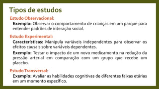 Tipos de estudos
Estudo Observacional:
Exemplo: Observar o comportamento de crianças em um parque para
entender padrões de interação social.
Estudo Experimental:
Características: Manipula variáveis independentes para observar os
efeitos causais sobre variáveis dependentes.
Exemplo: Testar o impacto de um novo medicamento na redução da
pressão arterial em comparação com um grupo que recebe um
placebo.
EstudoTransversal:
Exemplo: Avaliar as habilidades cognitivas de diferentes faixas etárias
em um momento específico.
 
