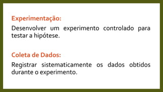 Experimentação:
Desenvolver um experimento controlado para
testar a hipótese.
Coleta de Dados:
Registrar sistematicamente os dados obtidos
durante o experimento.
 