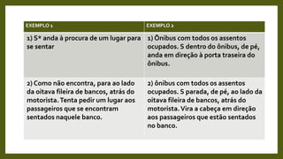 EXEMPLO 1 EXEMPLO 2
1) S* anda à procura de um lugar para
se sentar
1) Ônibus com todos os assentos
ocupados. S dentro do ônibus, de pé,
anda em direção à porta traseira do
ônibus.
2) Como não encontra, para ao lado
da oitava fileira de bancos, atrás do
motorista.Tenta pedir um lugar aos
passageiros que se encontram
sentados naquele banco.
2) ônibus com todos os assentos
ocupados. S parada, de pé, ao lado da
oitava fileira de bancos, atrás do
motorista.Vira a cabeça em direção
aos passageiros que estão sentados
no banco.
 