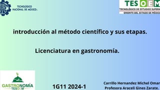 introducción al método científico y sus etapas.
Carrillo Hernandez Michel Omar
Profesora Araceli Gines Zarate.
1G11 2024-1
Licenciatura en gastronomía.
 