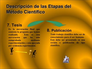 7. Tesis   Es la aseveración final que contesta la pregunta que hemos realizado.  Esta es una aseveración que ha sido comprobada mediante experimentación y esta apoyada por evidencia experimental.   8.  Publicación   Todo trabajo científico debe ser de conocimiento para el ser humano.  Este debe ser presentado en una revista o publicación de tipo científica.  Descripción de las Etapas del Método Científico 