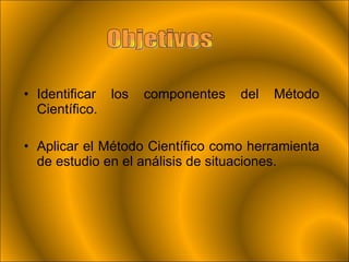 Identificar los componentes del Método Científico. Aplicar el Método Científico como herramienta de estudio en el análisis de situaciones. Objetivos 