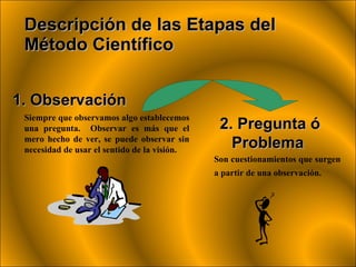 Descripción de las Etapas del Método Científico 1. Observación   Siempre que observamos algo establecemos una pregunta.  Observar es más que el mero hecho de ver, se puede observar sin necesidad de usar el sentido de la visión. 2. Pregunta ó Problema   Son cuestionamientos que surgen a partir de una observación.   