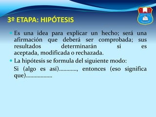 3º ETAPA: HIPÓTESIS
 Es una idea para explicar un hecho; será una
afirmación que deberá ser comprobada; sus
resultados determinarán si es
aceptada, modificada o rechazada.
 La hipótesis se formula del siguiente modo:
Si (algo es así)…………, entonces (eso significa
que)………………
 