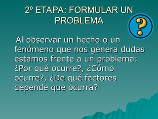 Al observar un hecho o un
Al observar un hecho o un
fenómeno que nos genera dudas
fenómeno que nos genera dudas
estamos frente a un problema:
estamos frente a un problema:
¿Por qué ocurre?, ¿Cómo
¿Por qué ocurre?, ¿Cómo
ocurre?, ¿De qué factores
ocurre?, ¿De qué factores
depende que ocurra?
depende que ocurra?
2º ETAPA: FORMULAR UN
2º ETAPA: FORMULAR UN
PROBLEMA
PROBLEMA
 