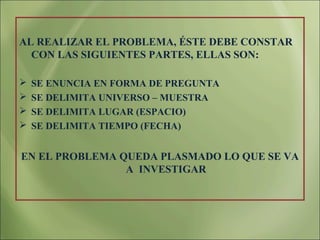 AL REALIZAR EL PROBLEMA, ÉSTE DEBE CONSTAR
  CON LAS SIGUIENTES PARTES, ELLAS SON:

   SE ENUNCIA EN FORMA DE PREGUNTA
   SE DELIMITA UNIVERSO – MUESTRA
   SE DELIMITA LUGAR (ESPACIO)
   SE DELIMITA TIEMPO (FECHA)


EN EL PROBLEMA QUEDA PLASMADO LO QUE SE VA
                A INVESTIGAR
 