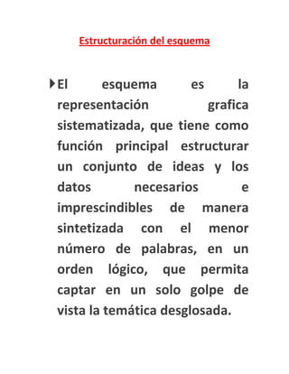 Estructuración del esquema


 El       esquema       es      la
  representación            grafica
  sistematizada, que tiene como
  función principal estructurar
  un conjunto de ideas y los
  datos        necesarios         e
  imprescindibles de manera
  sintetizada con el menor
  número de palabras, en un
  orden lógico, que permita
  captar en un solo golpe de
  vista la temática desglosada.
 