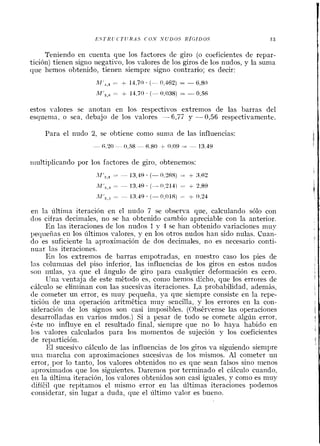 Teniendo en cuenta que 10s factores de giro (o coeficientes de repar-
tici6n) tienen signo negative, 10s valores de 10s giros de 10s nudos, y la sunia
que hemos obtenido, tienell siempre signo contrario; es decir:
estos valores se anotail en 10s respectivos extremos de las harras del
esquema, o sea, debajo de 10s valores -6,77 y -0,56 respectivamente.
Para el nudo 2, se obtiene como sunla de las influencias:
~iiultiplicandopor 10s factores de giro, obtenemos:
.If',,, = - 13,1R . (- 0,"s) = + S,62
M',,, = - 13.49. i- 0,214) = + 2,89
dl",,j = - 13.49 . (- 0,018) - + 0,24
en la dltinia iteraci6n en el iludo 7 se observa que, calculando s610 con
dos cifras decitnales, no se ha obtenido camhio apreciable con la anterior.
En las iteraciones de 10s nudos 1 y 4 se han ohtenido variaciones muy
pequefias en 10s hltin~osvalores, y en 10s otros nudos hat1 sido nulas. Cuan-
do es suficiente la aproxitnaci6n de dos decimales, no es necesario conti-
nuar Ins iteraciones.
En 10s extremos de barras enipotradas, en nuestro caso 10s pies de
las coluniilas del piso inferior, las influencias de 10s giros en estos nudos
soil nulas, yn que el Angulo de giro para cualquier deformaci6ri es cero.
Uila ventaja de este mktodo es, con10 henios dicho, que 10s errores de
cBlculo se eliminan con las sucesivas iteraciones. La probabilidad, adeniBs,
de coineter un error, es n ~ u ypequeiia, ya que sienipre consiste en la repe-
tici6n de una operation aritniktica muy sencilla, y 10s errores en la con-
sideraciciii de 10s signos son casi imposibles. (Obskrvense las operaciones
desarrolladas en varios nudos.) Si a pesar de todo se comete algun error,
bste 110 influye en el resultado final, sienlpre que no lo haya habido en
10s valores calculados para 10s niomentos de sujeci6n y 10s coeficientes
de repartici6n.
El sucesivo cBlculo de las influencias de 10s giros va siguiendo sien~pre
ulia niarclia con aproximaciones sucesivas de 10s mismos. A1 cometer uii
error, por lo tanto, 10s valores ohtenidos no es que Sean falsos sino nienos
aprosi~lladosque 10s siguientes. Daremos por terminado el cAlculo cuando,
ell la ultinla iteration, 10s valores obteniclos son casi iguales, y conio es muy
difieil que repitarnos el tnismo error en las ultimas iteraciones pode~nos
considerar, sin lugar a duda, que el ultimo valor es bueno.
 