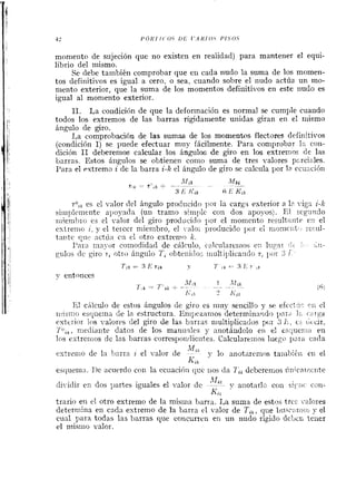 12 P Ó l i l l ( OS L)L' I..-lKl 0.5 P I S O S
momento de sujeción que no existen en reaiidad) para mantener el equi-
librio del iriismo.
Se debe tainbién comprobar que eii cada nudo la suma de los momen-
tos definitivos es igual a cero, o sea, cuando sobre el nudo actúa un rno-
niento exterior, que la suma de los monientos defiilitivos en este nudo es
igual al momento exterior.
11. La coiidición de que la deforinacióri es normal se cumple cuaiido
todos los extremos de las barras rígidamente unidas giran en e? rriismo
ángulo de giro.
La comprobación de las sumas de los monientos flect~resdcfiríitivos
(condición 1) se puede efectuar muy fácilmente. Para coniprobax 1s coii-
clición 11 deberetrios calcular los ángulos de giro en los extremos cie las
L* es.barras. Estos áiigulos se obtiefieri coilio suma de tres valores ptrc'71
Para el extremo i de la barra i-k el ángulo de giro se calcula por 12 ccaucióil
. .
ro,, es el valor del ángulo producidn pcx ia carga exterior a 1;; :-igs 2-Iz
~iiii~~lciiienteapoyada (un tramo sini~,lc con dos apoyos). T:I ~ ~ g i ~ ~ ~ c l
iiii.eni?)~c;es el valor del giro proclücido por el mon~entore~u1t;~~iit.c-en el
estrenlo i, y el te~ccrmiembro, el -:do; proclucido por eI i:ioni~i;t,, r e d -
tai~tcque r?ctíia c:i el otro extrenir? k . -, : .
I'ara i:iayor corriodidad de cálciilo, c:!lculareii~o~e;; l~:ga!-Cii :: LII-
golos de giro T, otro ángulo Ti c?bteiiicio's~~iuliiplica~idoT, l)oi :! ';'
y entonces
Afik 1 :Ilik?',* = SCik.+ - . -~
I,', !< .> Iiik
61 cA!cdo de estos ángulos de gJro es ii~uysencillo y se efcct:':: <'ii cl
i!!isiii~ esr1tie:n;i de la estructura. E I I I ~ ~ Z ~ I I I O ~determiiiatld~3pn;.~? 1:- wrga
cste~iorIns alo ores del giro de las barras iiiultiplicadoc pcr 3 i:: c: (:( cir,
Y'(!,,, nlediante datos de los matiu-iles y a~iotándoloeii el e,ique.!iici eil
los cstrenios de las barras correspoiidiciites. Calculareiilos li~ego~ I Rcada
ts?icriio de la barra 7 el valor de "" y lo anot.uenins taiiitiiiii el! el
Kik
esqueiiin. De acuerdo coi1 la ectiacióii qcc 110sda 7;, deberenios Cn;cntrí iite
Af$):
.-.r!IC Ct71l-di:.idir en dos partes iguales el valor de y ariotarlo con %;;.:S
h'i,
trario eti el otro extremo de la misma barra. 1,a suma de estos tres vnlores
determina eri cacla extremo de la barra el valor de T,, qtie l~:~~c:iii~o::.;y el
cusl para todas las barras que ccticwrei? en un nudo rígido delicii iei~cr
el iiiis:ilo valor.
 