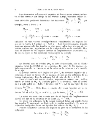 18 P Ó R I I C O S DE I'AIi'1O.S P I S O S
Anotamos estos valores en el esquema en los extreriios correspoiidieii-
tes de las barras y por debajo de las misnias. .I,uego, mediante diclios -a-
. l J l k , ,
lores anotados, podemos determinar las relaciones - y - - , por
KLk 2 K,k
ejemplo, para la barra 2- 3
sumando los tres valores correspondientes encontramos los ángulos del
giro de la barra 2-3 iguales a +3,61 y -8,56 respectivanieilte. Cuando
hayamos eilcontrado los ángulos de giro para todos los extrenlos de las
barras horizontales, seguiremos con la comprobación de la condición 11a.
Para el cálculo de los ángulos debidos al desplazamiento transversal D,,
de los extremos de las columnas emplearemos la fórmula
En nuestro caso el término DO,k no debe considerarse, por no existir
ninguna carga horizontal en las columnas. El 1-alor de Ios ángulos B,,
lo hemos anotado en el esquema en la mitad de la columna y a la derecha
de su eje.
I{1 pririier térniiilo es el ingulo del giro Thdel extremo superior de la
columna, el cual se deduce de los ángulos de giro en los extremos de las
barras horizontales. Para la columna 5-2 el valor de Tk= + 3,6.
Para el cálculo del tercer término, segundo en nuestro caso, utiliza-
remos el valor de Q,, . Iz,, anotado junto a la columna. Para la colum-
na 5-2 este valor es -1,20, y dividido por K = 0,I da un valor de este
Q .hik -
-término - 12,O. Para el cálculo del tercer término de la co-
fii k 3 *lf,k
lumna 5-3e1 valor Jfik = + O,,52 y, por lo tanto, 7 = + 7,s.
'2 Kik
La suma de estos tres valores nos da el ángulo de desplazamiento
lateral del eje de la columna D, es decir, Dik= -O,6.
En pisos con coluniiias de la misma longitud deben ser iguales todos
los ángulos D, dentro de los límites de la posible exactitud. (En caso de
coluinilns tlesigiiales deben ser iguales los valores de Di, . h,, .)
I'ueden calcularse también los ángulos de giro en los extremos de las
coluninas:
 
