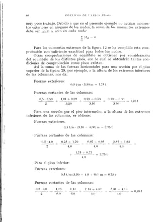 mil- POCG trabajo. Debida R que en el presente ejeniplo iio zctúan iiioiiieil-
tos exteriores el; niriguno de los nudos, la sunia de los iii~i~ieiito~extrenlo5
debe ser igual a celo en cada nudo:
Para los i~ioniei~tosextreinos de la figura 12 se ha ciiiirplido esta coiii-
probaciói~con suficiente exactitud para todos los nudos.
Otras co;iiprobaciones de equilibrio se obtieileii llar consideracitjli
dcl equilibrio de los distintos pisos, con 10 cual se obteiidrán tantas con-
diciones de corripro:)asióil conio pisos existan.
Así la suma de las fuerzas horizontales para una seccióii por el ,piso
superior de la figura 29, por ejemplo, a la altura de los extreinos inferiores
de las columiias, nos da:
Fuerzas exteriores:
0,st!iil .3,50 iii = 1.7,5 t
Fuerzas cortantes de las columnas:
Para una sección por el piso intermedio, a la altura de los estreriios
inferiores de las columnas, se obtiene:
Fuerzas exteriores:
0,s tlni . (3,50- 4,OO) iii - 3.75 t
Fuerzas cortantes de las columnas:
1,73 + 0,73
-- 3,7,5 tt - - -
4,0
Para el piso inferior:
Fuerzas exteriores:
0,s t/tri (3,50 4.0 6.0)111 - R,75 t
Fuerzas cortantes de las colun~nas:
 