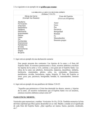 2. Lo siguiente es un ejemplo de un gráfico que resume:

                        LAS OBRAS DE LA CARNE Y EL FRUTO DEL ESPÍRITU
                                      (Gálatas 5:16-25)
              Obras da Carne                                 Fruto del Espíritu
            (Cumplir los Deseos)                            (Vivir en el Espíritu)
      Adulterio
                                                      Amor
      Fornicación
      Impureza                                        Gozo
      Desenfreno                                      Paz
      Idolatría                                       Paciencia
      Hechicería                                      Benignidad
      Enemistades                                     Bondad
      Pleitos                                         Fe
      Celos
                                                      Mansedumbre
      Ira
      Contiendas                                      Dominio propio
      Disensiones
      Partidismos
      Envidia
      Borracheras
      Orgías
      Brujería



3. Aquí está un ejemplo de una declaración sumaria:

      Este pasaje presenta dos contrastes: Las lujurias de la carne y el fruto del
      Espíritu Santo. Si nosotros pertenecemos a Jesús, nosotros debemos crucificar
      las lujurias de la carne y vivir, caminar, y nos guiar por el Espíritu Santo. Las
      obras de la carne son adulterio, fornicación, impureza, desenfreno, idolatría,
      hechicería, enemistades, pleitos, celos, ira, contiendas, disensiones,
      partidismos, envidia, borracheras, orgías, brujería. El fruto del Espíritu es
      amor, gozo, paz, paciencia, benignidad, bondad, fe, mansedumbre, dominio
      propio.

4. Aquí está un ejemplo de una paráfrasis de Gálatas 5:24-25:

      "Aquellos que pertenecen a Cristo han destruido los deseos, amores, y lujurias
      de la carne. ¡Si nosotros reclamamos que el Espíritu Santo vive en nosotros,
      entonces nosotros debemos actuar como él!"

PASO CINCO: MEDITE:

Versículos para memorizar y meditar: Versículos 16-18 y 25-26. También memorice la lista
del fruto espiritual que Dios quiere desarrollar en su vida. Medite y estudie en el significado
de cada fruto del Espíritu Santo. ¿Qué significa ser manso, bueno, paciente, moderado,
etc.?
 