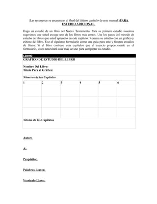(Las respuestas se encuentran al final del último capítulo de este manual.)PARA
                               ESTUDIO ADICIONAL

Haga un estudio de un libro del Nuevo Testamento. Para su primero estudio nosotros
sugerimos que usted escoge uno de los libros más cortos. Use los pasos del método de
estudio de libros que usted aprendió en este capítulo. Resuma su estudio con un gráfico y
esbozo del libro. Use el siguiente formulario como una guía para esto y futuros estudios
de libros. Si el libro contiene más capítulos que el espacio proporcionado en el
formulario, usted necesitará usar más de uno para completar su estudio.

LIBRO
GRÁFICO DE ESTUDIO DEL LIBRO

Nombre Del Libro:
Título Para el Gráfico:

Números de los Capítulos
1              2              3              4              5              6




Títulos de los Capítulos




Autor:


A:


Propósito:


Palabras Llaves:


Versículo Llave:
 