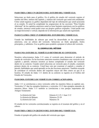 PASO TRES: CREE UN GRÁFICO DEL ESTUDIO DEL VERSÍCULO:

Seleccione un título para el gráfico. En el gráfico de estudio del versículo registre el
nombre del libro, número del capítulo, y número del versículo que usted está estudiando.
Cómo usted organiza su gráfico dependerá del tipo de información que usted acrecienta
al su estudio. Si usted ha completado las asignaciones de las secciones “Para Estudio
Adicional” de los capítulos anteriores usted ya tiene bastante experiencia con los gráficos
de estudio, entonces usted podrá crear sus propios gráficos originales. Usted puede usar
un mapa horizontal o vertical, depende de la información que usted está registrando.

PASO CUATRO: CREE UN ESBOZO DEL ESTUDIO DEL VERSÍCULO:

Usando las habilidades de esbozar que usted ha desarrollado en las asignaciones
anteriores, cree un esbozo del versículo. Seleccione un título apropiado, títulos
principales, y subtítulos. Use su gráfico para ayudarle a preparar el esbozo del versículo.

                              EL EJEMPLO DEL MÉTODO

PASO UNO: ESTUDIE EL VERSÍCULO DENTRO DE SU CONTEXTO:

Nosotros seleccionamos Judas 1:11 como el versículo para demostrar el método de
estudio de versículos. En las lecciones anteriores nosotros estudiamos este versículo en su
capítulo y párrafo, entonces nosotros ya hemos completado el estudio del versículo
dentro de su contexto. Cuando usted selecciona un versículo para el estudio, examínelo
primero dentro de su contexto. Usted hace esto por examinar el capítulo y estudiar el
párrafo, habilidades que usted aprendió en las dos lecciones anteriores. También recuerde
de considerar el versículo dentro del esqueleto mayor del libro entero en que él se
localiza. El estudio de Judas 1:11 dentro de su contexto se registra en el Gráfico del
Estudio de Versículos.

PASO DOS: ESTUDIE LOS VERSÍCULOS CORRELACIONADOS:

Judas 1:11 se correlaciona a otros versículos sobre los maestros falsos en capítulo uno.
Versículos 5-7 dan los ejemplos históricos y versículos 12-13 dan ejemplos naturales de
maestros falsos. Judas 1:11 también se correlaciona a tres pasajes importantes del
Antiguo Testamento:

       La historia de Caín:                  Génesis 4:1-15; 1 Juan 3:12
       La historia de Balaam:                Números 22-24
       La historia de Coré:                  Números 16

El estudio de los versículos correlacionados se registra en el resumen del gráfico y en el
esbozo.

PASO TRES: CREE UN GRÁFICO DEL ESTUDIO DEL VERSÍCULO:

Estudie el ejemplo del gráfico de estudio del versículo que sigue:
 