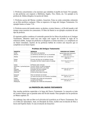 2. Profecías concernientes a las naciones que rodeaban el pueblo de Israel. Por ejemplo,
se dan profecías con respecto a Babilonia, Egipto, Tiro, Edom, etc. Un ejemplo es la
profecía de Abdías dirigida a la nación de Edom.

3. Profecías acerca del Mesías venidero, Jesucristo. Éstas no están contenidas solamente
en un libro profético cualquier. Ellas se esparcen a lo largo del Antiguo Testamento. Un
ejemplo bueno es Isaías 7:14.

4. Profecías acerca del mundo entero, su destino, eventos futuros, y el fin del mundo y del
tiempo como nosotros los conocemos. El libro de Daniel es un ejemplo excelente de este
tipo de profecía.

El siguiente gráfico condensa el contenido general de los libros de profecía en el Antiguo
Testamento. Mientras usted usa este mapa esté seguro de recordar la regla de la
referencia doble. Aunque las profecías se dirigieron a ciertas naciones y se cumplieron en
un futuro inmediato, muchos de las profecías hablan de eventos aun mayores que se
cumplirán en un futuro lejano:

                                Profetas del Antiguo Testamento
PROFETA                    MENSAJE                                     PERIODO DE TIEMPO
Jonás                      Dios ama a los Gentiles                    Asiria Antes del Cautiverio
Nahúm                      La sentencia de Nínive por su brutalidad          (800-650 AC.)
Abdías                     La sentencia de Edom por su alevosía         Edom Antes del Cautiverio
                                                                               (800 AC.)
Oseas                      El amor de Dios por el adúltero Israel
Amós                       El pueblo de Dios maduro para el castigo     Israel Antes del Cautiverio
                                                                                (750 AC.)

Isaías                     El   Mesías está viniendo
Jeremias / Lamentaciones   El   juicio ahora, la gloría después
Joel                       El   juicio caerá como una plaga
                                                                        Judá Antes del Cautiverio
Miqueas                    El   pueblo de Dios probado                       (800-606 AC.)
Habacuque                  El   justo vivirá por la fe
Zacarías                   El   día de Dios está viniendo

Ezequiel                   Dios no terminó con Israel                   Judá Durante el Cautiverio
Daniel                     La mano de Dios en los eventos mundiales          (606-536 AC.)
Hageo                      El peligro de la falta de entusiasmo
                                                                       Judá Después del Cautiverio
Zacarías                   La gloria del Mesías
                                                                             (536-400 AC.)
Malaquías                  El peligro de la falta de entusiasmo




                       LA PROFECÍA DEL NUEVO TESTAMENTO

Hay muchas profecías esparcidas a lo largo del Nuevo Testamento. La mayoría se trata
de eventos futuros que se pasarán antes del fin del mundo. Para ejemplos lea las profecías
en Mateo capítulo 24.

Sin embargo, hay sólo un libro en la división de la profecía en el Nuevo Testamento. Ése
es el libro de Apocalipsis. Juan, un Discípulo de Jesús, recibió esta revelación de Dios a
través del Espíritu Santo. Es una revelación de Jesucristo:
 