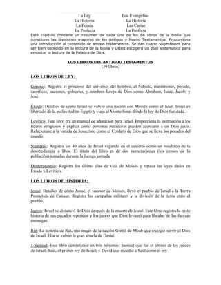 La Ley                      Los Evangelios
                          La Historia                     La Historia
                          La Poesía                       Las Cartas
                          La Profecía                     La Profecía
Este capítulo contiene un resumen de cada uno de los 66 libros de la Biblia que
constituye las divisiones mayores de los Antiguo y Nuevo Testamentos. Proporciona
una introducción al contenido de ambos testamentos. Se dan cuatro sugestiones para
ser bien sucedido en la lectura de la Biblia y usted escogerá un plan sistemático para
empezar la lectura de la Palabra de Dios.

                      LOS LIBROS DEL ANTIGUO TESTAMENTOS
                                          (39 libros)

LOS LIBROS DE LEY:

Génesis: Registra el principio del universo, del hombre, el Sábado, matrimonio, pecado,
sacrificio, naciones, gobierno, y hombres llaves de Dios como Abraham, Isaac, Jacob, y
José.

Éxodo: Detalles de cómo Israel se volvió una nación con Moisés como el líder. Israel es
libertado de la esclavitud en Egipto y viaja al Monte Sinaí dónde la ley de Dios fue dada.

Levítico: Este libro era un manual de adoración para Israel. Proporciona la instrucción a los
líderes religiosos y explica cómo personas pecadoras pueden acercarse a un Dios justo.
Relacionase a la venida de Jesucristo como el Cordero de Dios que se lleva los pecados del
mundo.

Números: Registra los 40 años de Israel vagando en el desierto como un resultado de la
desobediencia a Dios. El título del libro es de dos numeraciones (los censos de la
población) tomadas durante la luenga jornada.

Deuteronomio: Registra los último días de vida de Moisés y repasa las leyes dadas en
Éxodo y Levítico.

LOS LIBROS DE HISTORIA:

Josué: Detalles de cómo Josué, el sucesor de Moisés, llevó el pueblo de Israel a la Tierra
Prometida de Canaán. Registra las campañas militares y la división de la tierra entre el
pueblo.

Jueces: Israel se distanció de Dios después de la muerte de Josué. Este libro registra la triste
historia de sus pecados repetidos y los jueces que Dios levantó para líbralos de las fuerzas
enemigas.

Rut: La historia de Rut, una mujer de la nación Gentil de Moab que escogió servir el Dios
de Israel. Ella se volvió la gran abuela de David.

1 Samuel: Este libro centralizase en tres personas: Samuel que fue el último de los jueces
de Israel; Saúl, el primer rey de Israel; y David que sucedió a Saúl como el rey.
 