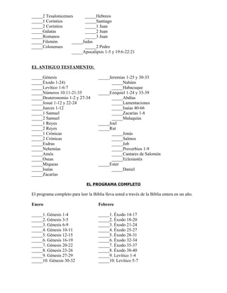 _____2 Tesalonicenses     _____Hebreos
_____1 Corintios          _____Santiago
_____2 Corintios          _____1 Juan
_____Gálatas              _____2 Juan
_____Romanos              _____3 Juan
_____Filemón        _____Judas
_____Colosenses           _____2 Pedro
                    _____Apocalipsis 1-5 y 19:6-22:21


EL ANTIGUO TESTAMENTO:

_____Génesis                          _____Jeremias 1-25 y 30-33
_____Éxodo 1-24)                            _____Nahúm
_____Levítico 1-6:7                         _____Habacuque
_____Números 10:11-21:35              _____Ezequiel 1-24 y 33-39
_____Deuteronomio 1-2 y 27-34               _____Abdías
_____Josué 1-12 y 22-24                     _____Lamentaciones
_____Jueces 1-12                            _____Isaías 40-66
_____1 Samuel                               _____Zacarías 1-8
_____2 Samuel                               _____Malaquías
_____1 Reyes                          _____Joel
_____2 Reyes                          _____Rut
_____1 Crónicas                             _____Jonás
_____2 Crónicas                             _____Salmos
_____Esdras                                 _____Job
_____Nehemías                               _____Proverbios 1-9
_____Amós                                   _____Cantares de Salomón
_____Oseas                                  _____Eclesiastés
_____Miqueas                          _____Ester
_____Isaías                                 _____Daniel
_____Zacarías

                               EL PROGRAMA COMPLETO

El programa completo para leer la Biblia lleva usted a través de la Biblia entera en un año.

Enero                                 Febrero

_____1. Génesis 1-4                   _____1. Éxodo 14-17
_____2. Génesis 3-5                   _____2. Éxodo 18-20
_____3. Génesis 6-9                   _____3. Éxodo 21-24
_____4. Génesis 10-11                 _____4. Éxodo 25-27
_____5. Génesis 12-15                 _____5. Éxodo 28-31
_____6. Génesis 16-19                 _____6. Éxodo 32-34
_____7. Génesis 20-22                 _____7. Éxodo 35-37
_____8. Génesis 23-26                 _____8. Éxodo 38-40
_____9. Génesis 27-29                 _____9. Levítico 1-4
_____10. Génesis 30-32                _____10. Levítico 5-7
 