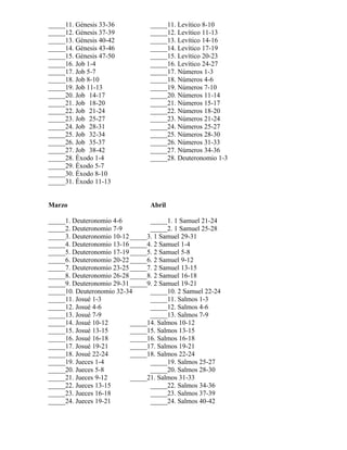 _____11. Génesis 33-36           _____11. Levítico 8-10
_____12. Génesis 37-39           _____12. Levítico 11-13
_____13. Génesis 40-42           _____13. Levítico 14-16
_____14. Génesis 43-46           _____14. Levítico 17-19
_____15. Génesis 47-50           _____15. Levítico 20-23
_____16. Job 1-4                 _____16. Levítico 24-27
_____17. Job 5-7                 _____17. Números 1-3
_____18. Job 8-10                _____18. Números 4-6
_____19. Job 11-13               _____19. Números 7-10
_____20. Job 14-17               _____20. Números 11-14
_____21. Job 18-20               _____21. Números 15-17
_____22. Job 21-24               _____22. Números 18-20
_____23. Job 25-27               _____23. Números 21-24
_____24. Job 28-31               _____24. Números 25-27
_____25. Job 32-34               _____25. Números 28-30
_____26. Job 35-37               _____26. Números 31-33
_____27. Job 38-42               _____27. Números 34-36
_____28. Éxodo 1-4               _____28. Deuteronomio 1-3
_____29. Éxodo 5-7
_____30. Éxodo 8-10
_____31. Éxodo 11-13


Marzo                            Abril

_____1. Deuteronomio 4-6         _____1. 1 Samuel 21-24
_____2. Deuteronomio 7-9         _____2. 1 Samuel 25-28
_____3. Deuteronomio 10-12 _____3. 1 Samuel 29-31
_____4. Deuteronomio 13-16 _____4. 2 Samuel 1-4
_____5. Deuteronomio 17-19 _____5. 2 Samuel 5-8
_____6. Deuteronomio 20-22 _____6. 2 Samuel 9-12
_____7. Deuteronomio 23-25 _____7. 2 Samuel 13-15
_____8. Deuteronomio 26-28 _____8. 2 Samuel 16-18
_____9. Deuteronomio 29-31 _____9. 2 Samuel 19-21
_____10. Deuteronomio 32-34      _____10. 2 Samuel 22-24
_____11. Josué 1-3               _____11. Salmos 1-3
_____12. Josué 4-6               _____12. Salmos 4-6
_____13. Josué 7-9               _____13. Salmos 7-9
_____14. Josué 10-12       _____14. Salmos 10-12
_____15. Josué 13-15       _____15. Salmos 13-15
_____16. Josué 16-18       _____16. Salmos 16-18
_____17. Josué 19-21       _____17. Salmos 19-21
_____18. Josué 22-24       _____18. Salmos 22-24
_____19. Jueces 1-4              _____19. Salmos 25-27
_____20. Jueces 5-8              _____20. Salmos 28-30
_____21. Jueces 9-12       _____21. Salmos 31-33
_____22. Jueces 13-15            _____22. Salmos 34-36
_____23. Jueces 16-18            _____23. Salmos 37-39
_____24. Jueces 19-21            _____24. Salmos 40-42
 